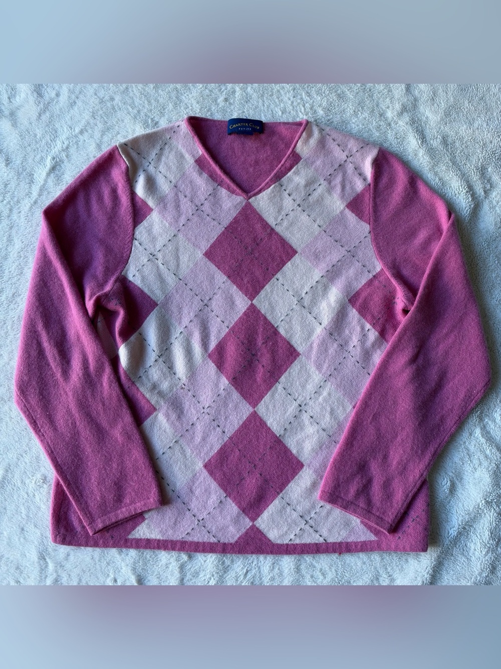 Charter Club Sweater Women Petite Large Pink Argyle 100% Cashmere VNeck Pullover